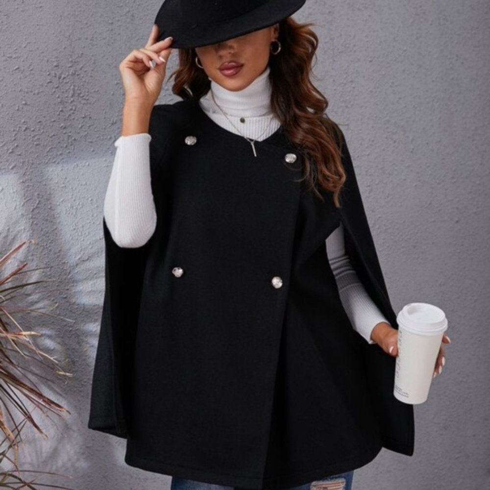 Cozy Black Button up Classic Cape Jacket Coat Work - Picture 1 of 14